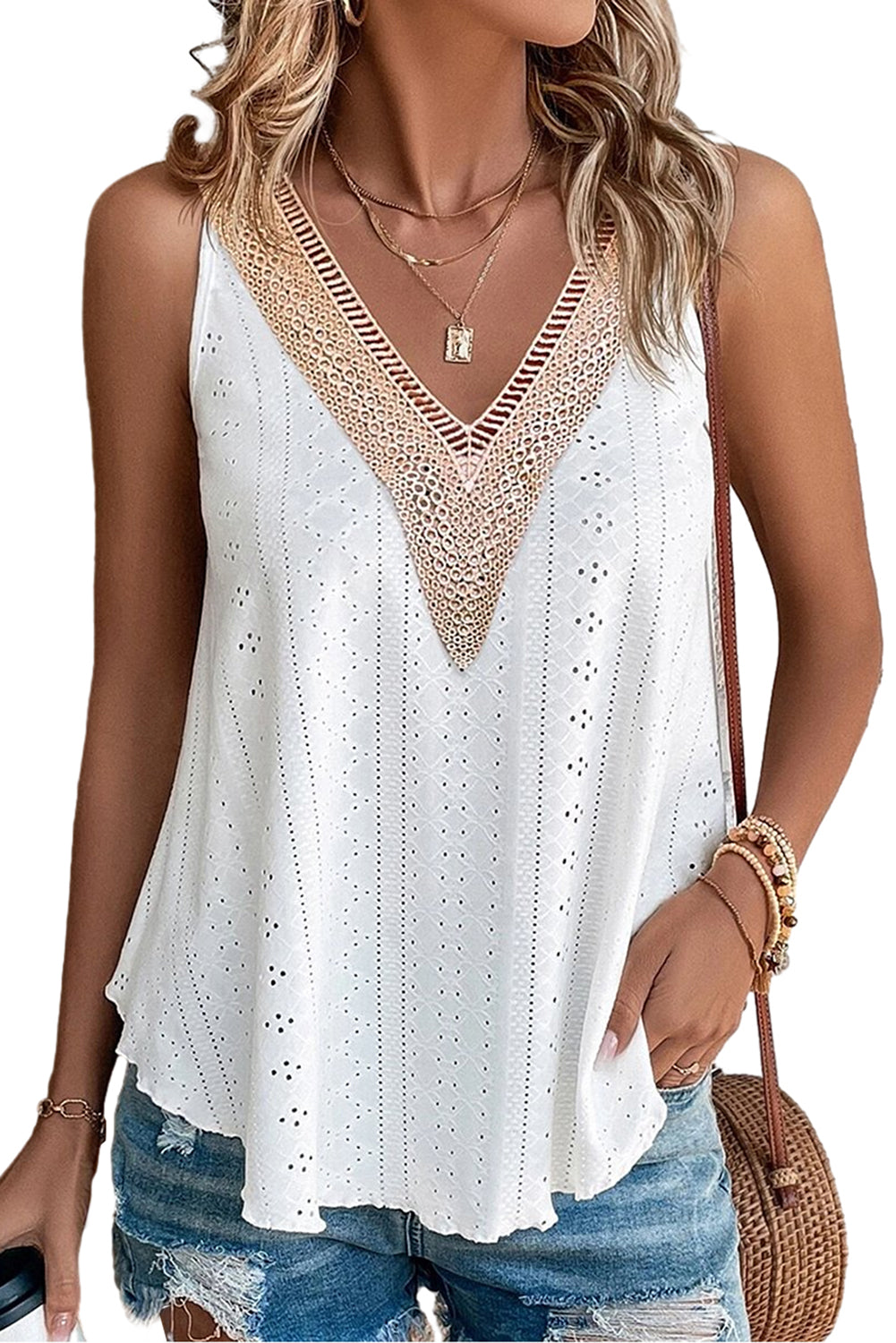 White Crochet Trim V-Neck Lightweight Tank Top