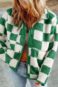 Green Checkered Snap Button Sherpa Jacket