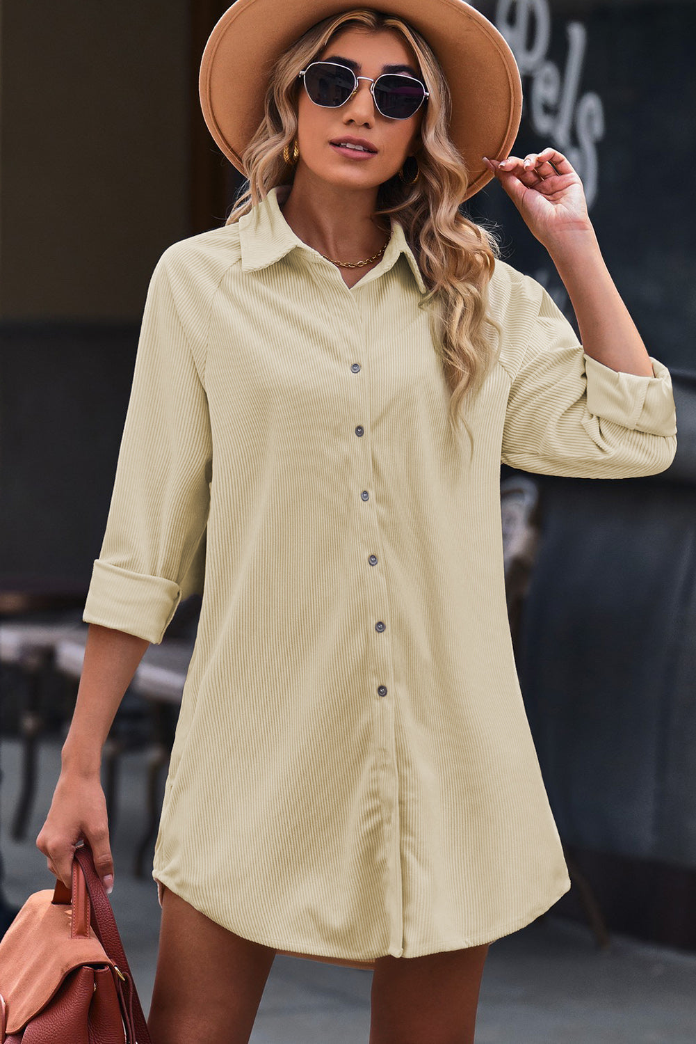 Beige Corduroy Button Down Long Sleeve Mini Shirt Dress