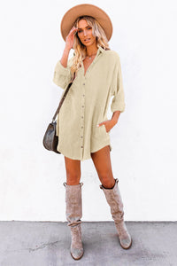 Beige Corduroy Button Down Long Sleeve Mini Shirt Dress