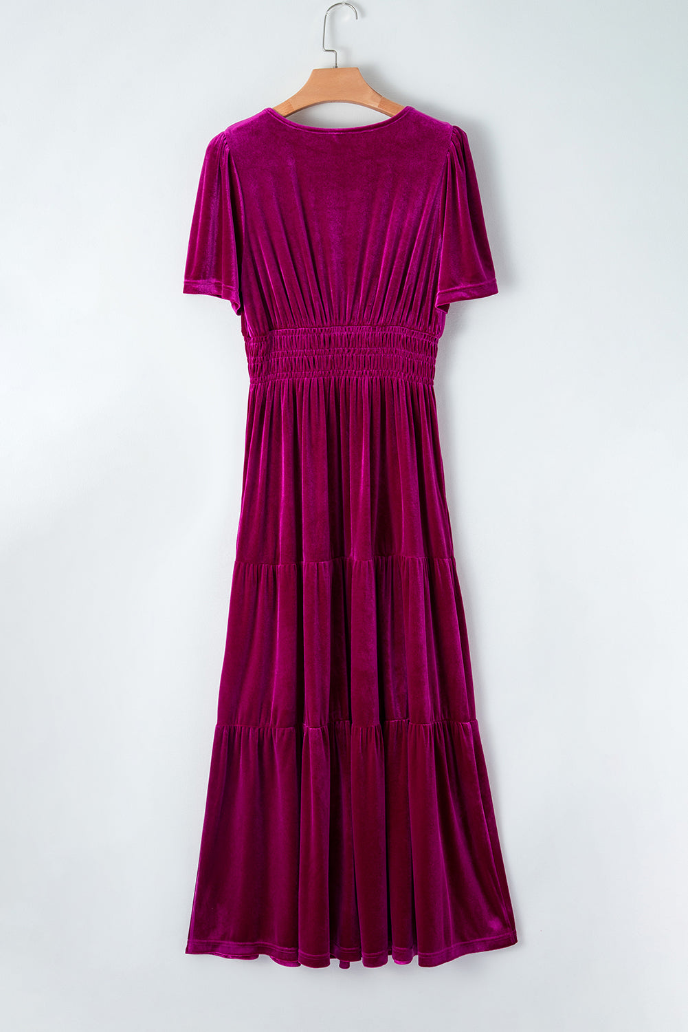 Magenta Velour Short Sleeve Shirred Waist Tiered Maxi Dress