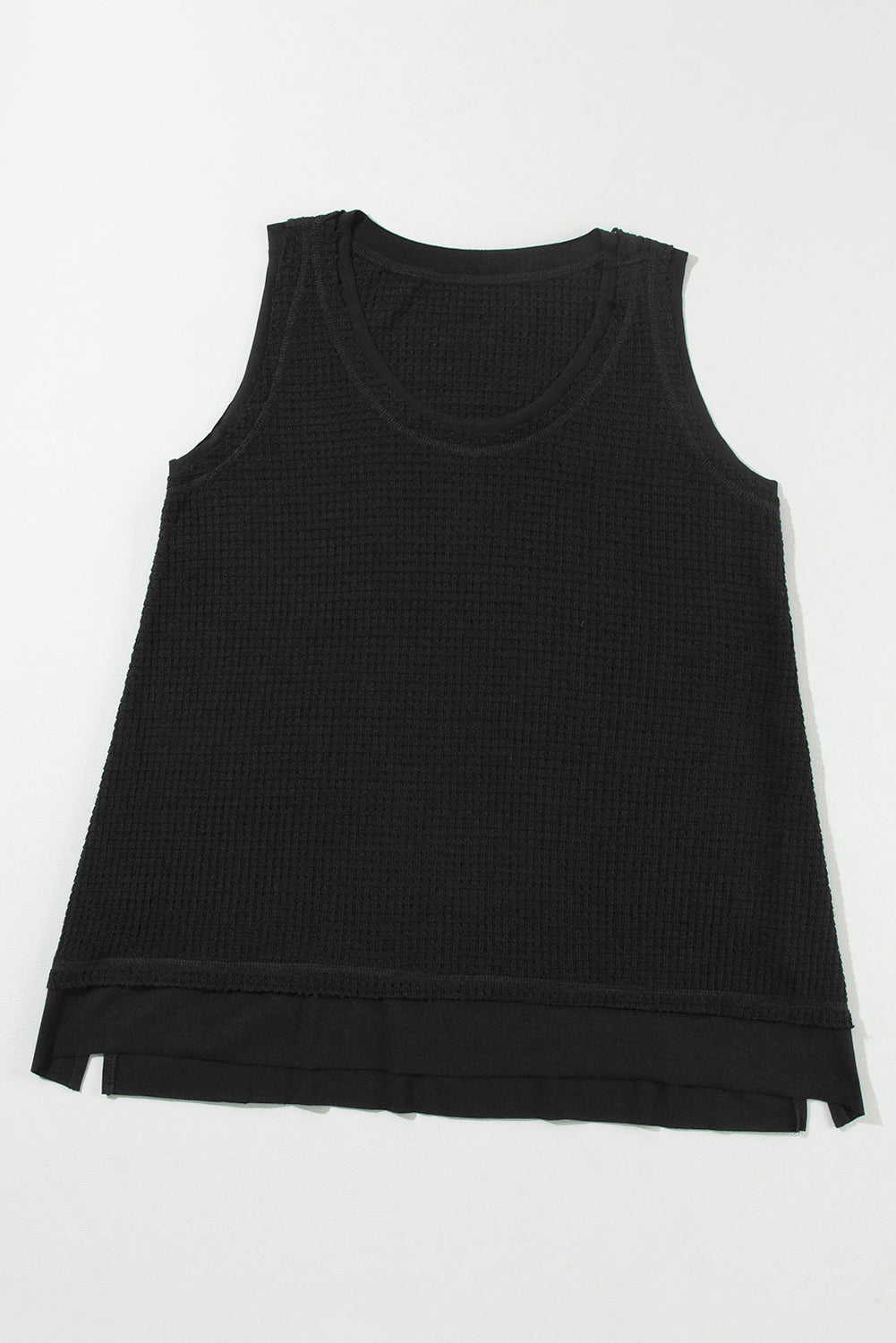 Black Scoop Neck Waffle Knit Flowy Tank Top