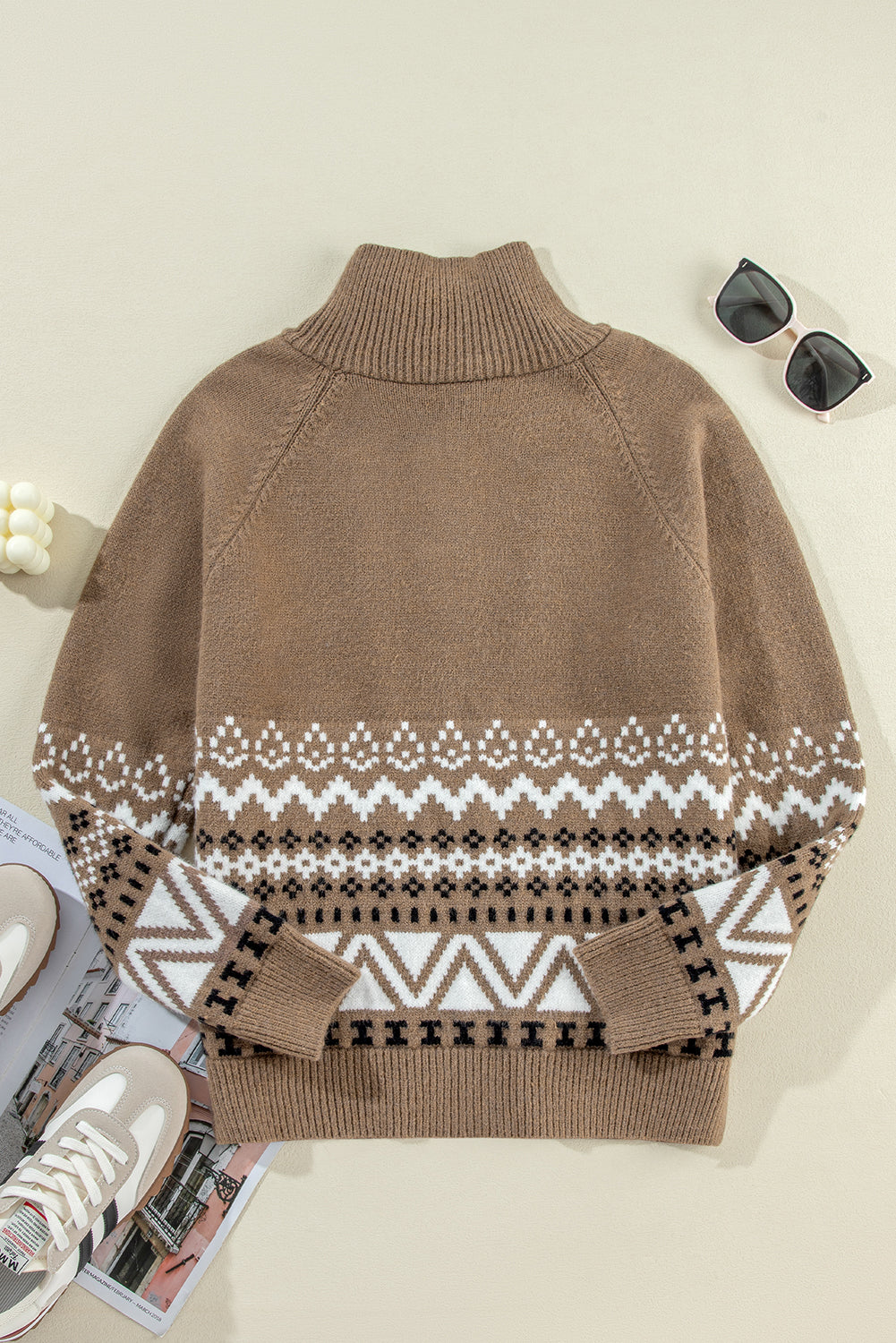 Light Brown Western Aztec Design Full Zip Collared Sweater