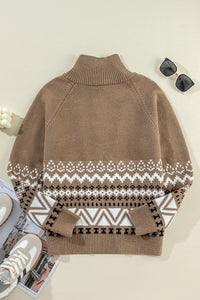 Light Brown Western Aztec Design Full Zip Collared Sweater