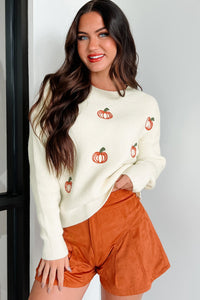 Cream Pumpkin Embroidered Ribbed Knit Fall Sweater