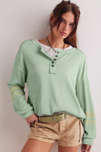 Sage Drop Shoulder Stripe Sleeve Textured Henley Top