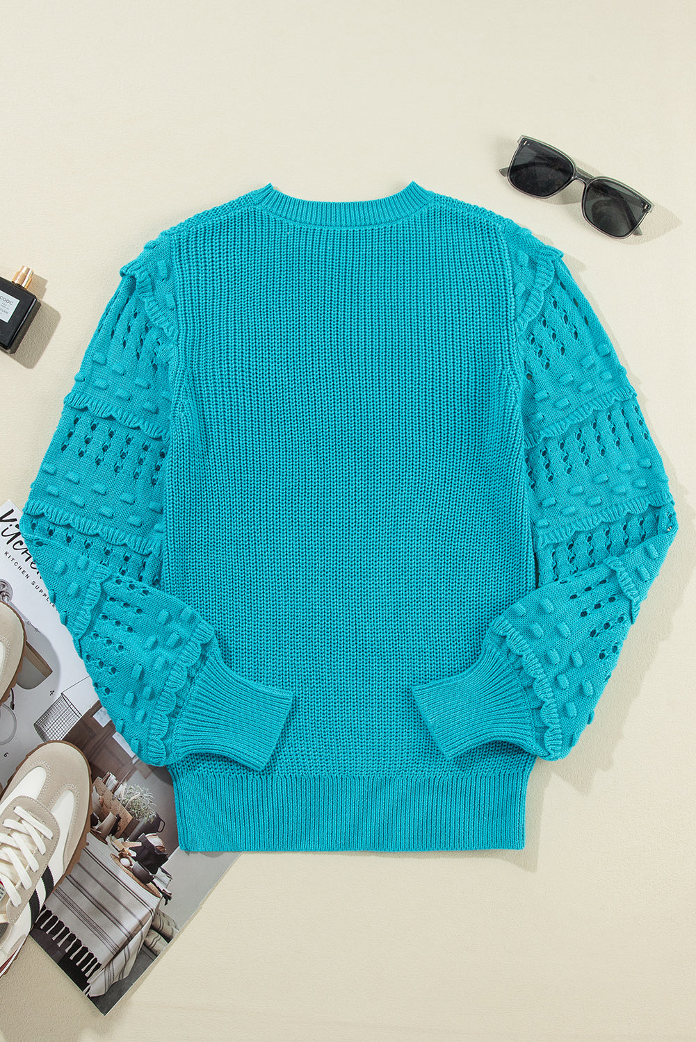 Turquoise Eyelet Bubble Sleeve Knit Sweater