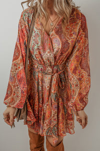 Orange Boho Paisley Print Long Sleeve Pleated Tie Waist Mini Dress