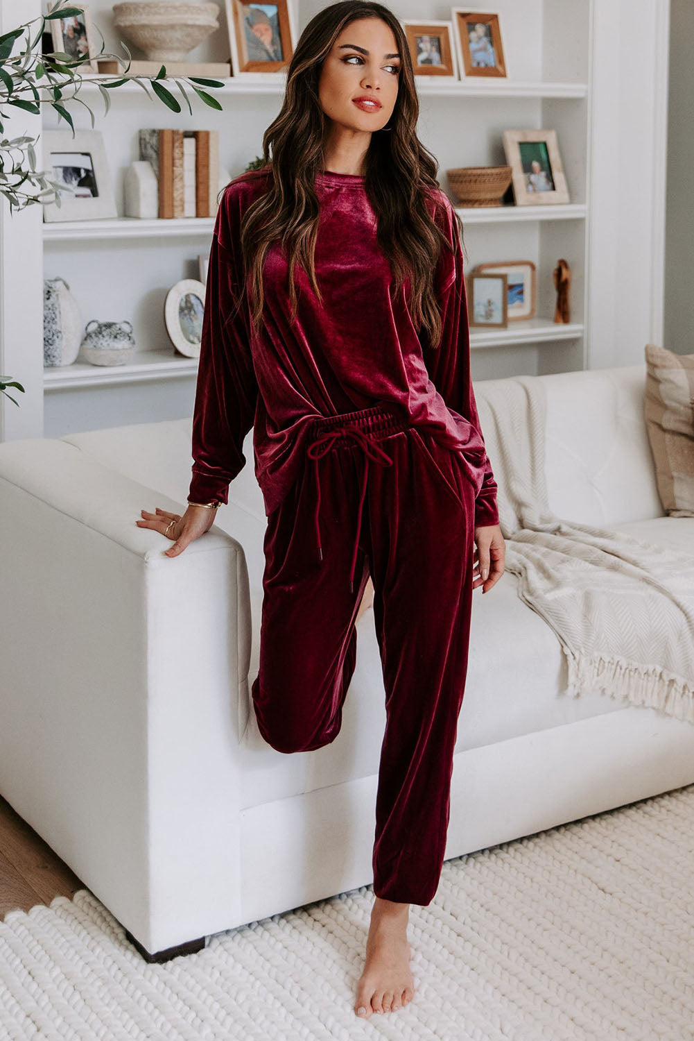 Burgundy Velour Long-sleeve Top & Pants Lounge Set