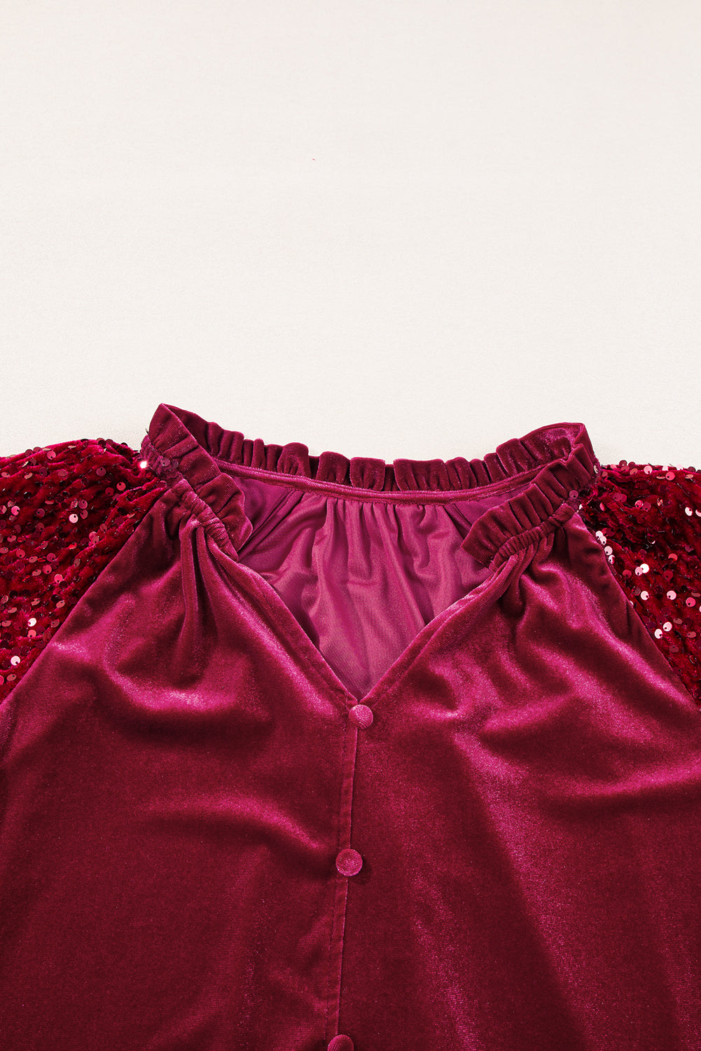 Burgundy Sequin Sleeve Button Up Velvet Top