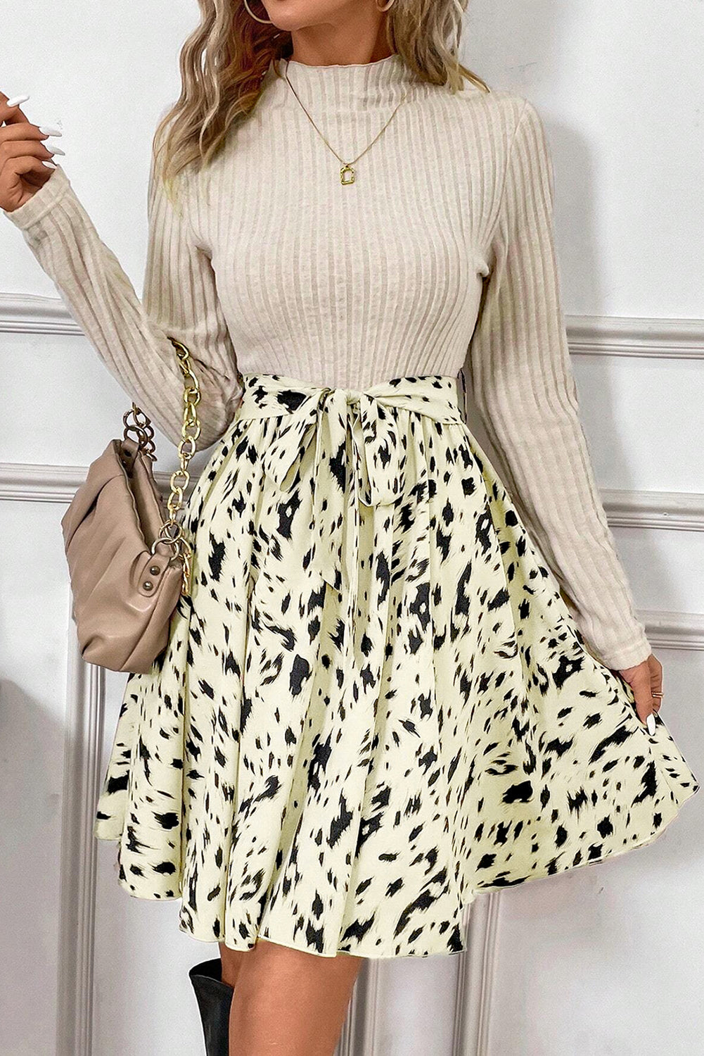 Beige Ribbed Knit Abstract Print Tie Belt A-line Dress