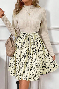 Beige Ribbed Knit Abstract Print Tie Belt A-line Dress