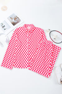 Pink Check Buttoned Shirt and High Waist Pants Waffle Knit Pajama Set