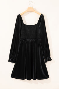 Plus Size Black Velour Flounce Sleeve Shirred Bodice Babydoll Dress