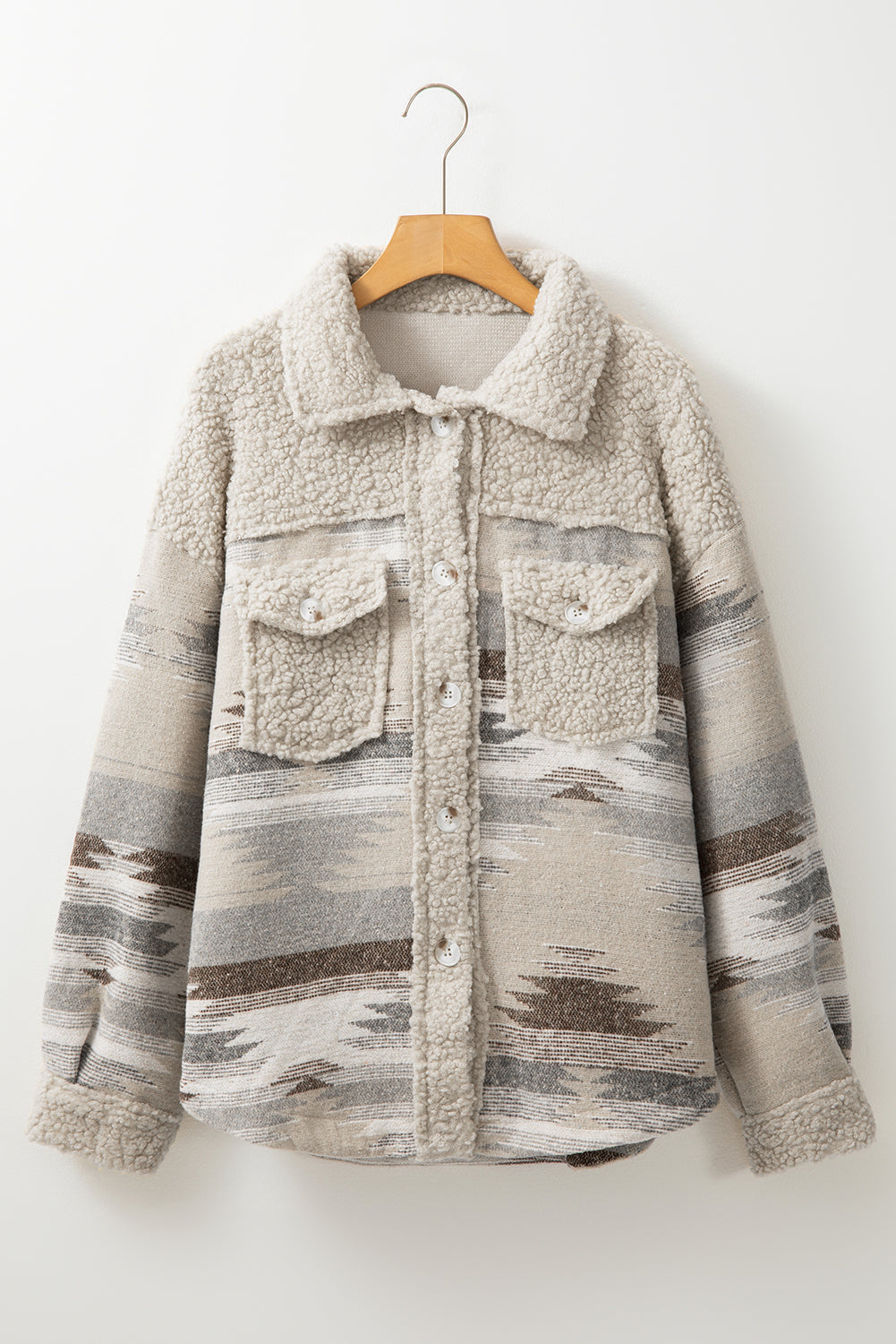 Cream Western Aztec Sherpa Flap Pocket Shacket