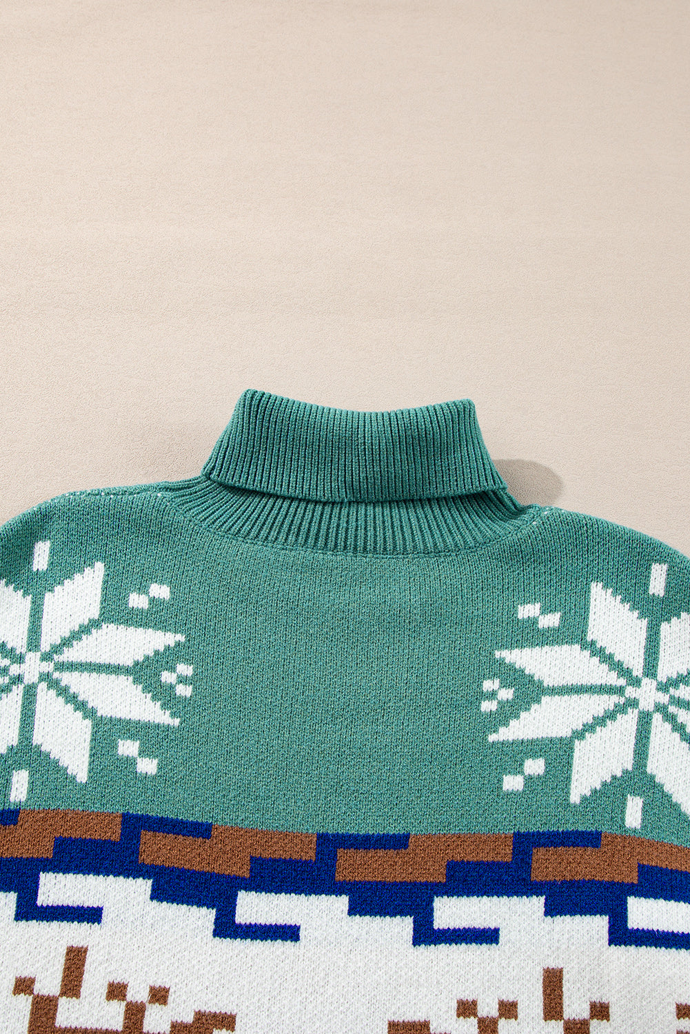 Teal Christmas Reindeer Snowflake Turtleneck Sweater