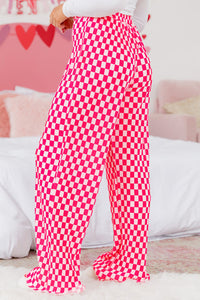 Pink Check Buttoned Shirt and High Waist Pants Waffle Knit Pajama Set