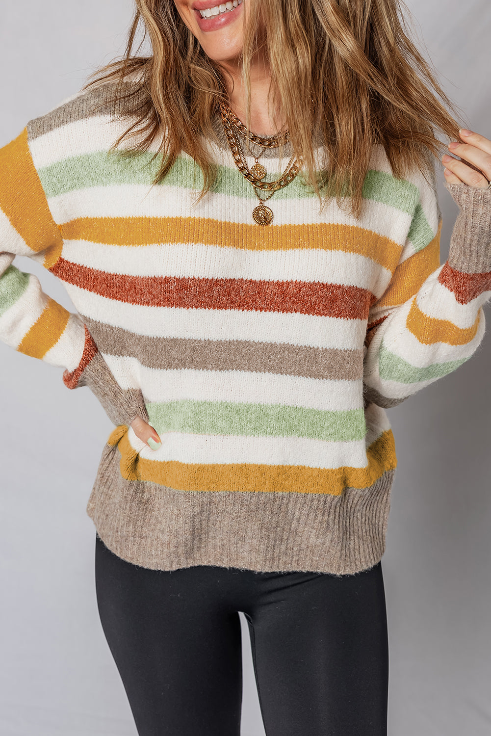 Tan Rust and Sage Stripe Drop Shoulder Crew Neck Sweater