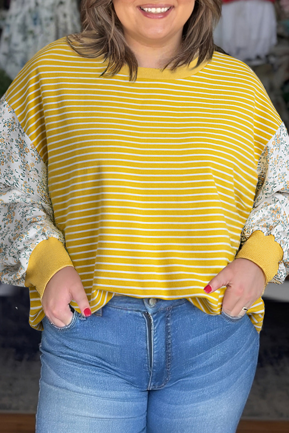 Yellow Stripe and Sage Floral Contrast Long Sleeve Plus Size Top