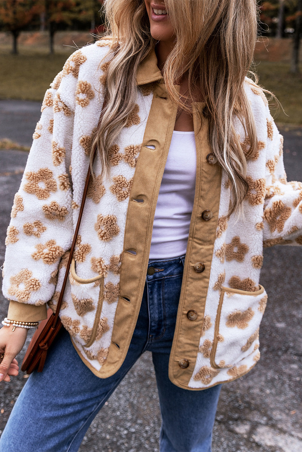 Beige Flowered Design Button Up Fleece Jacket