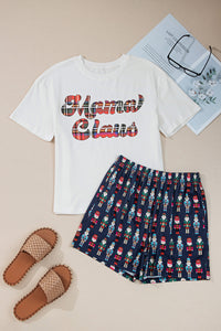 White Mama Claus Plaid Letter Tee and Nutcracker Shorts 2-pc Lounge Set