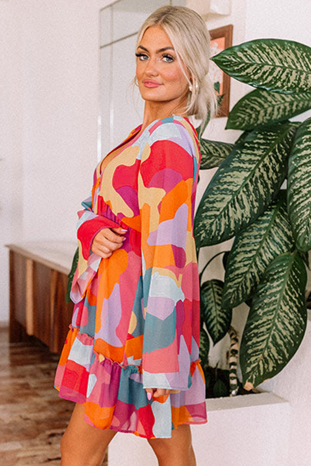 Pink Yellow Orange Abstract Print Bell Sleeve V-Neck Babydoll Dress