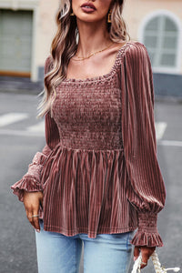 Velour Square Neck Smocked Long-sleeve Babydoll Top