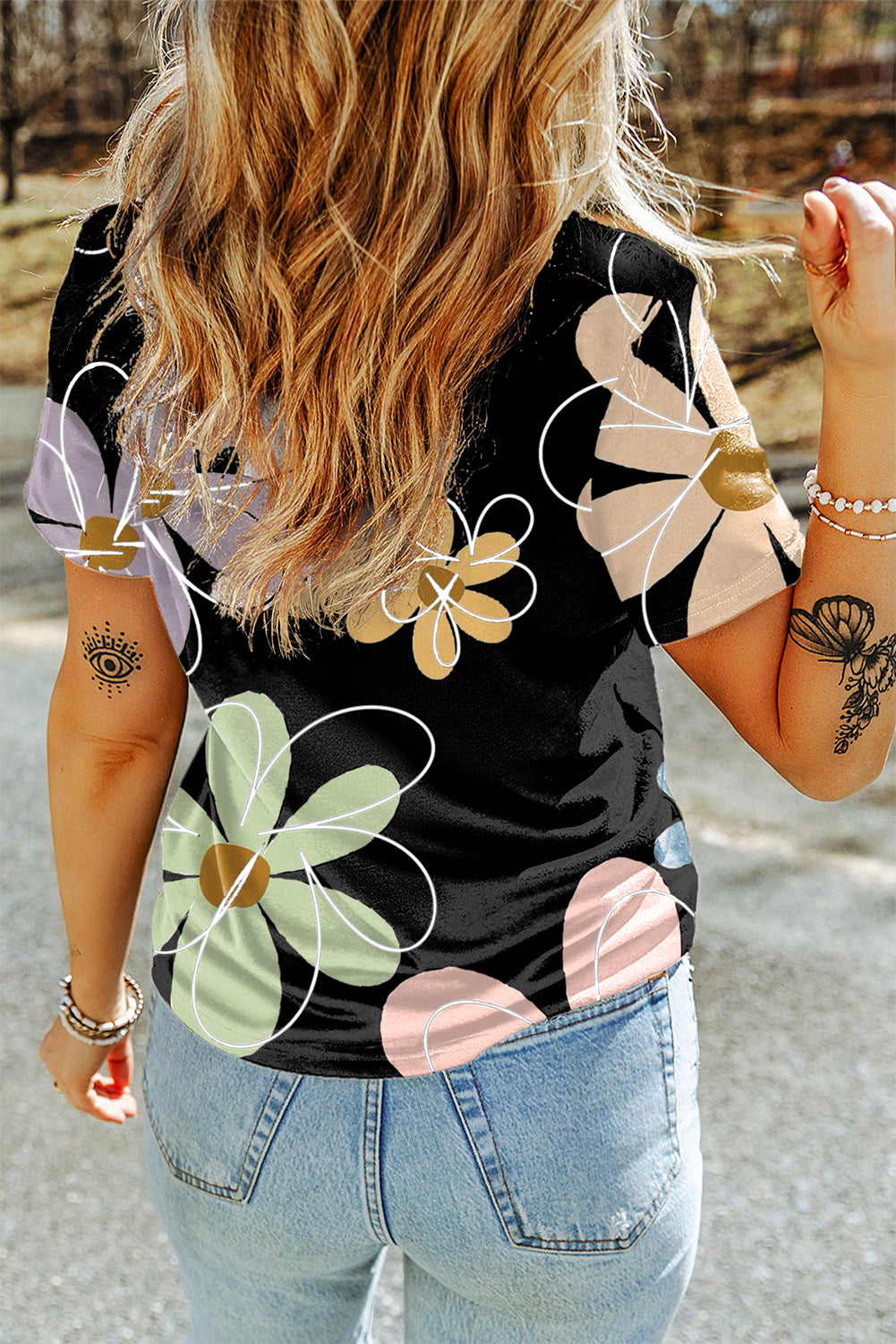 Black and Pastel Summer Flower Print Casual Round Neck T Shirt