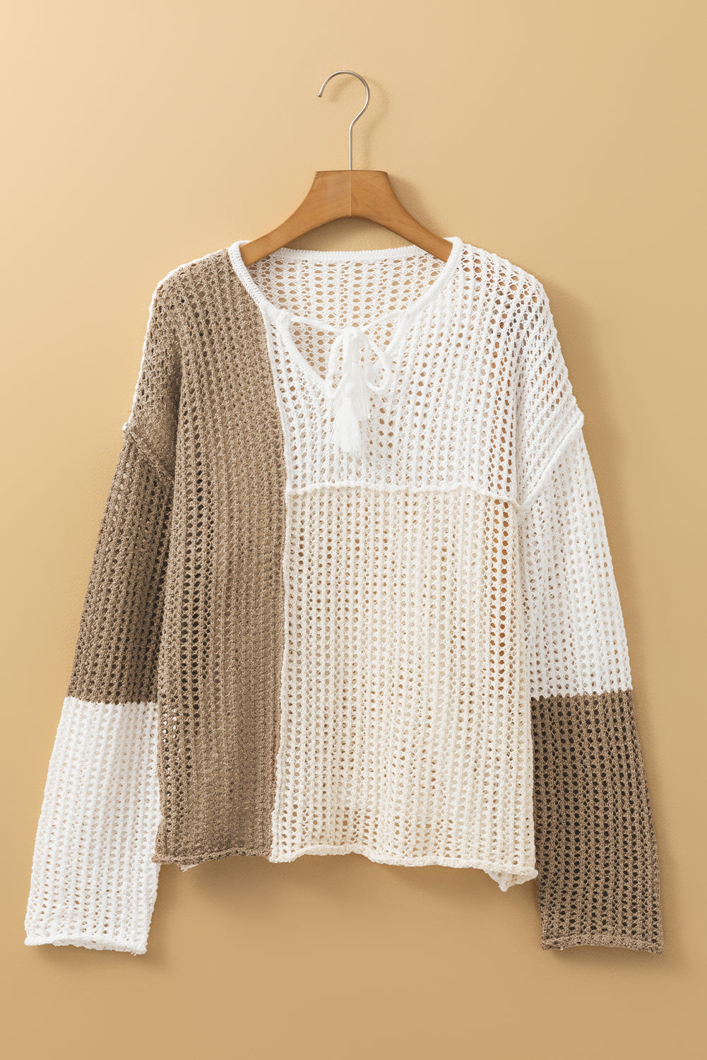 Tan and Cream Colorblock Tie V-Neck Lightweight Open Crochet Sweater