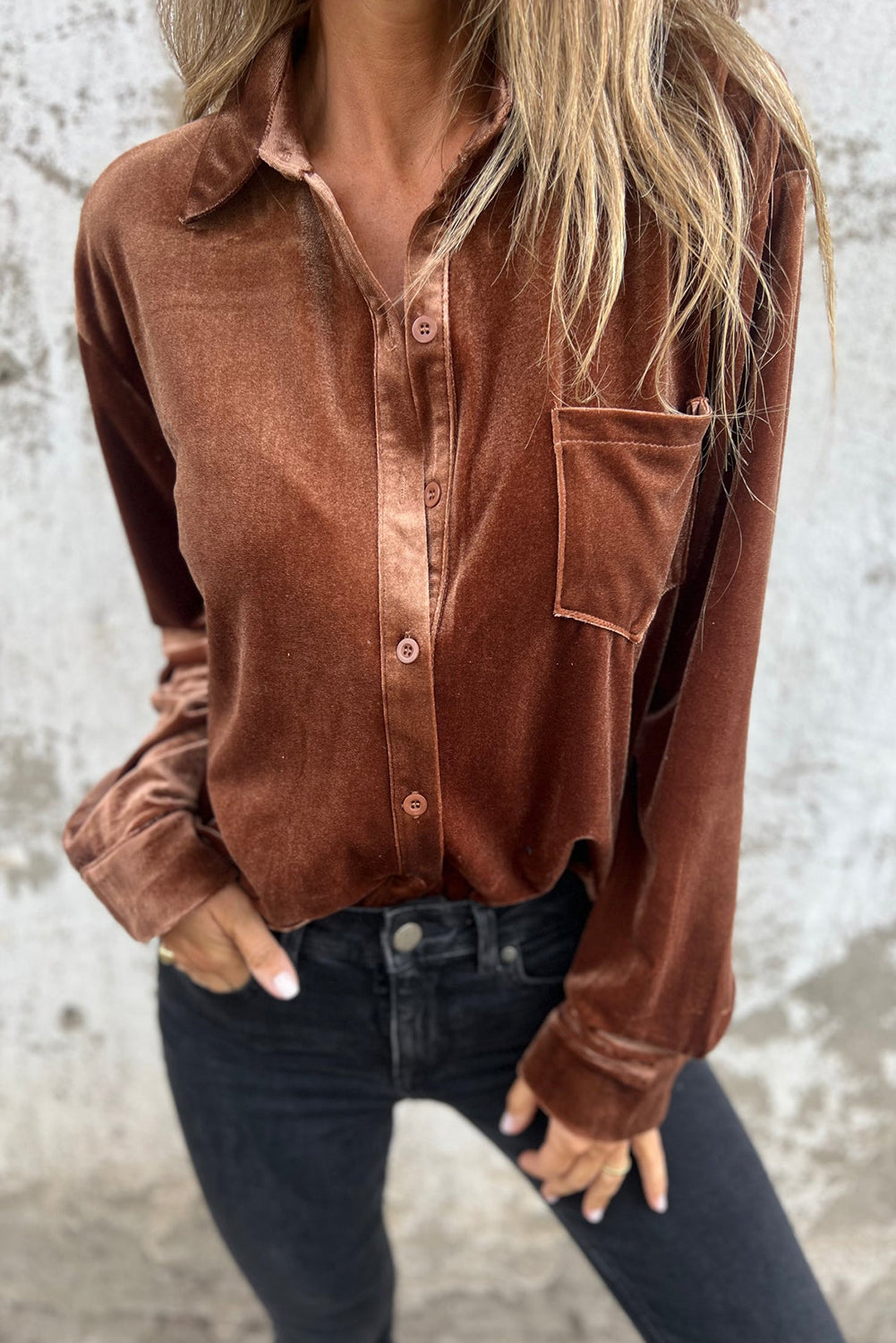 Chestnut Brown Button Down Chest Pocket Velour Loose Shirt