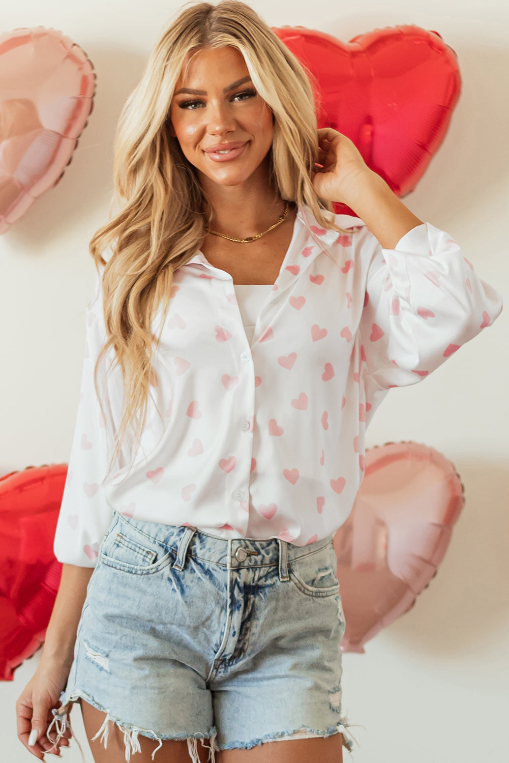 White with Pink Heart Print Drop Shoulder Long Sleeve Blouse