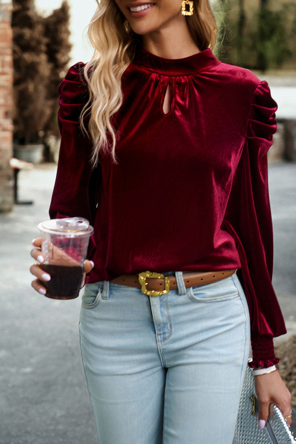 Burgundy Tie Back Neck Ruffled Sleeve Velour Blouse