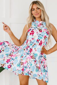 Pink and Blue Floral Tiered A-Line Mini Dress