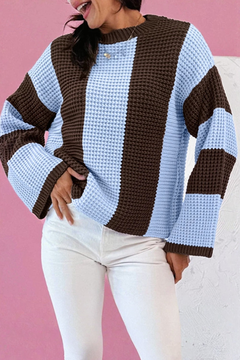 Vertical Stripe Texture Knit Drop Shoulder Sweater