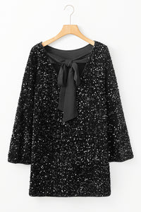 Black Sequin Long Sleeve Tied Open Back Mini Dress