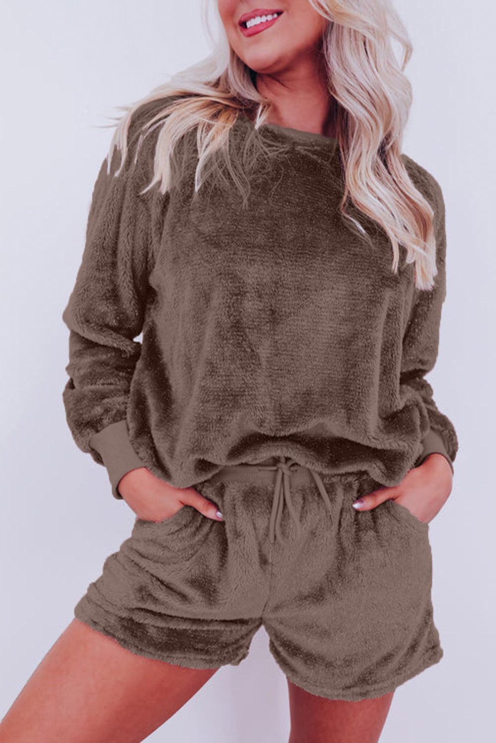 Brown Fleece Long-sleeve Top & Shorts Set