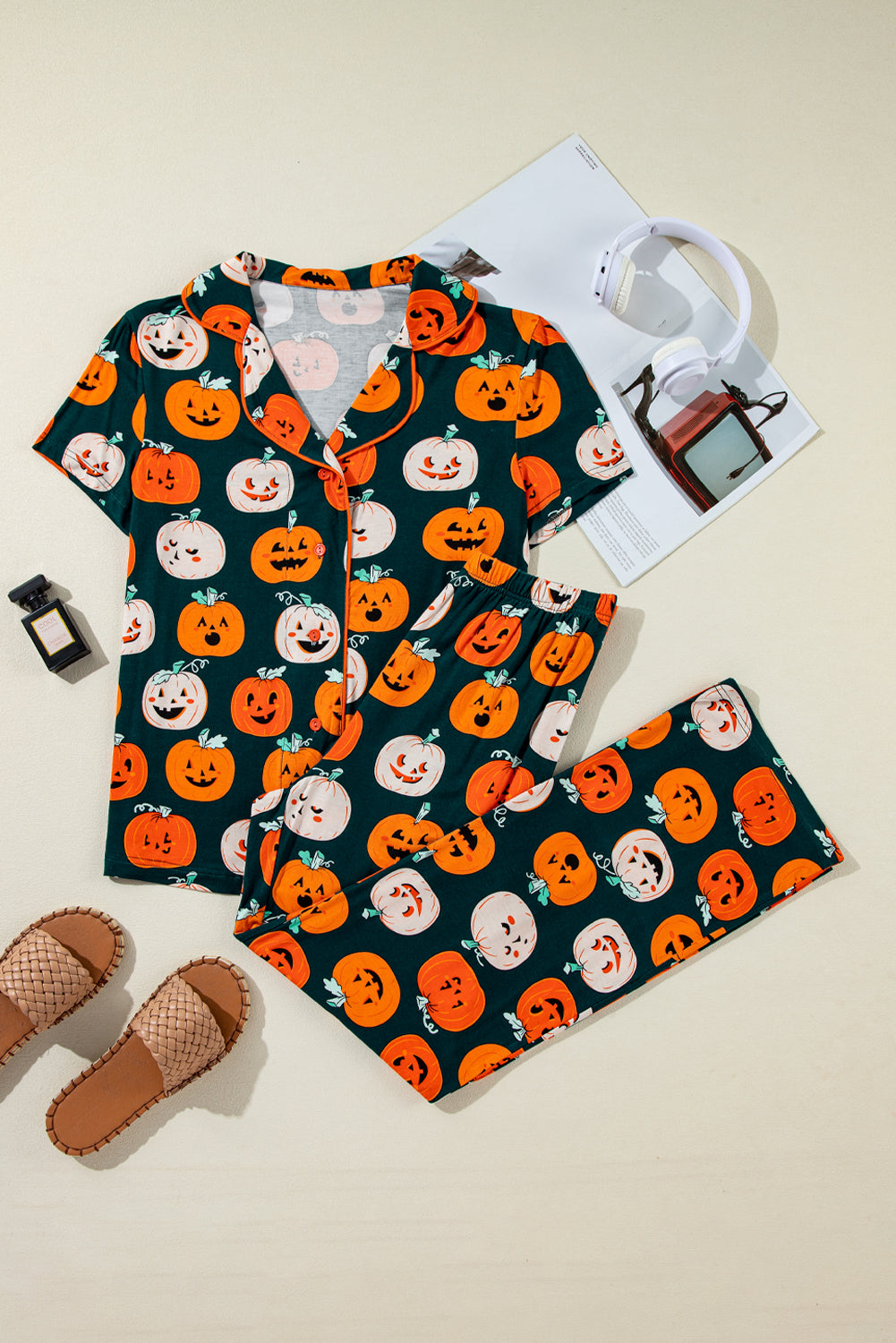 Black with Orange Pumpkins Print Short Sleeve Shirt & Pants Pajama Set