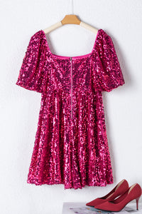 Bright Fuchsia Pink Short Puff Sleeve Sequin Romper