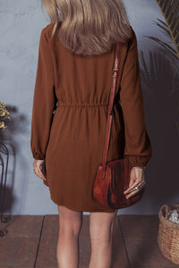 Brown Rust Floral Embroidered Tassel Tie Waist Long Sleeve Mini Dress