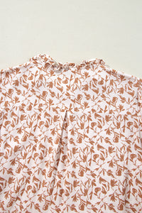 Brown Fall Floral Lace Detail Puff Sleeve Blouse