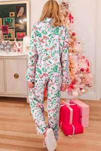 Pink Christmas Berries Button Down Long Sleeve Silky Pajama Set