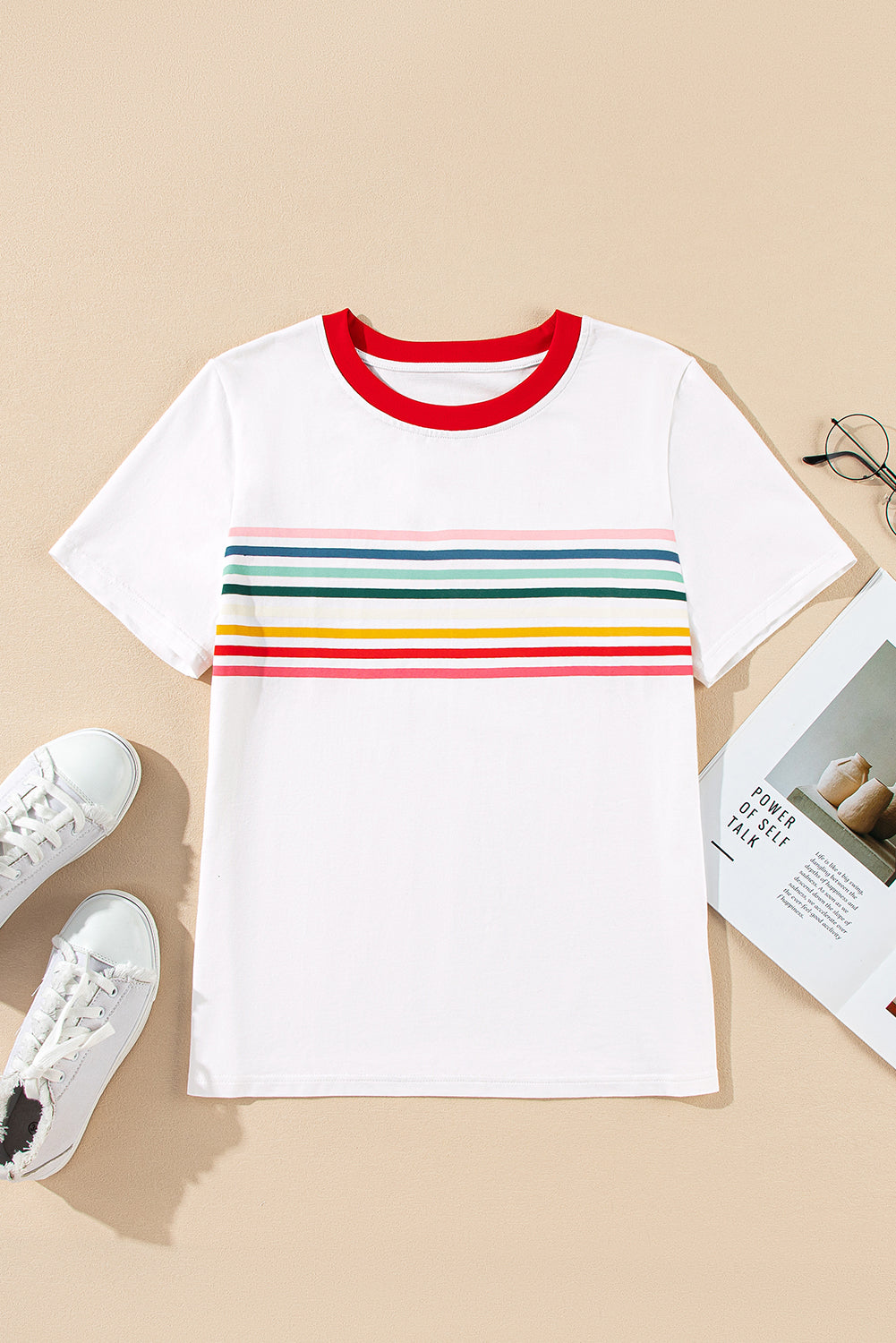 White Rainbow Stripe Print Red Trim Crew Neck T-Shirt