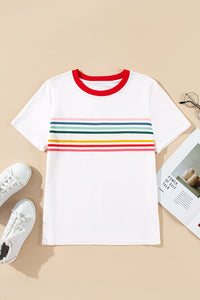 White Rainbow Stripe Print Red Trim Crew Neck T-Shirt