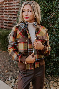 Brown Plaid Buttoned Chest Pockets Stand Up Collared Jacket