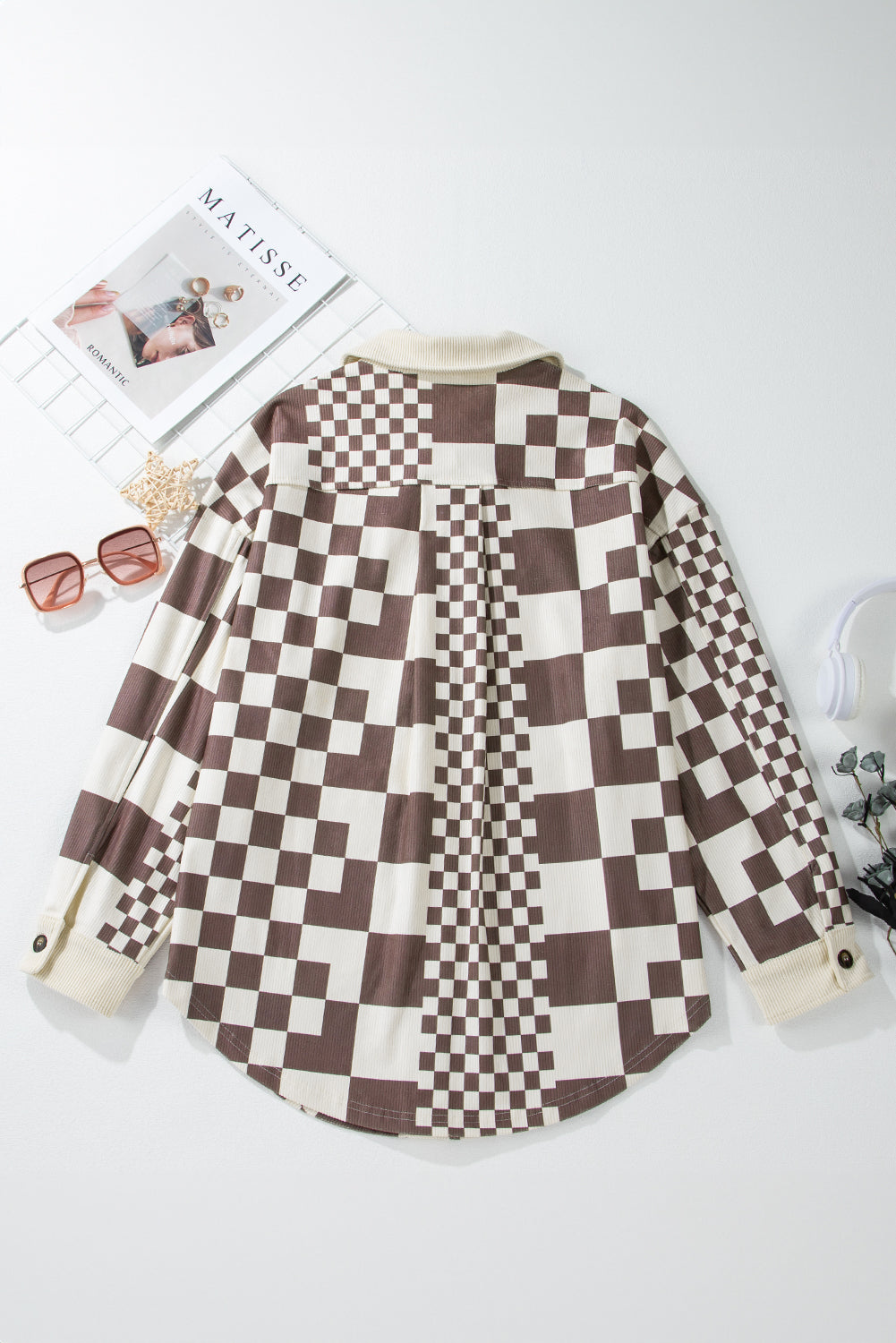 Brown Checkered Print Patchwork Corduroy Oversized Shacket