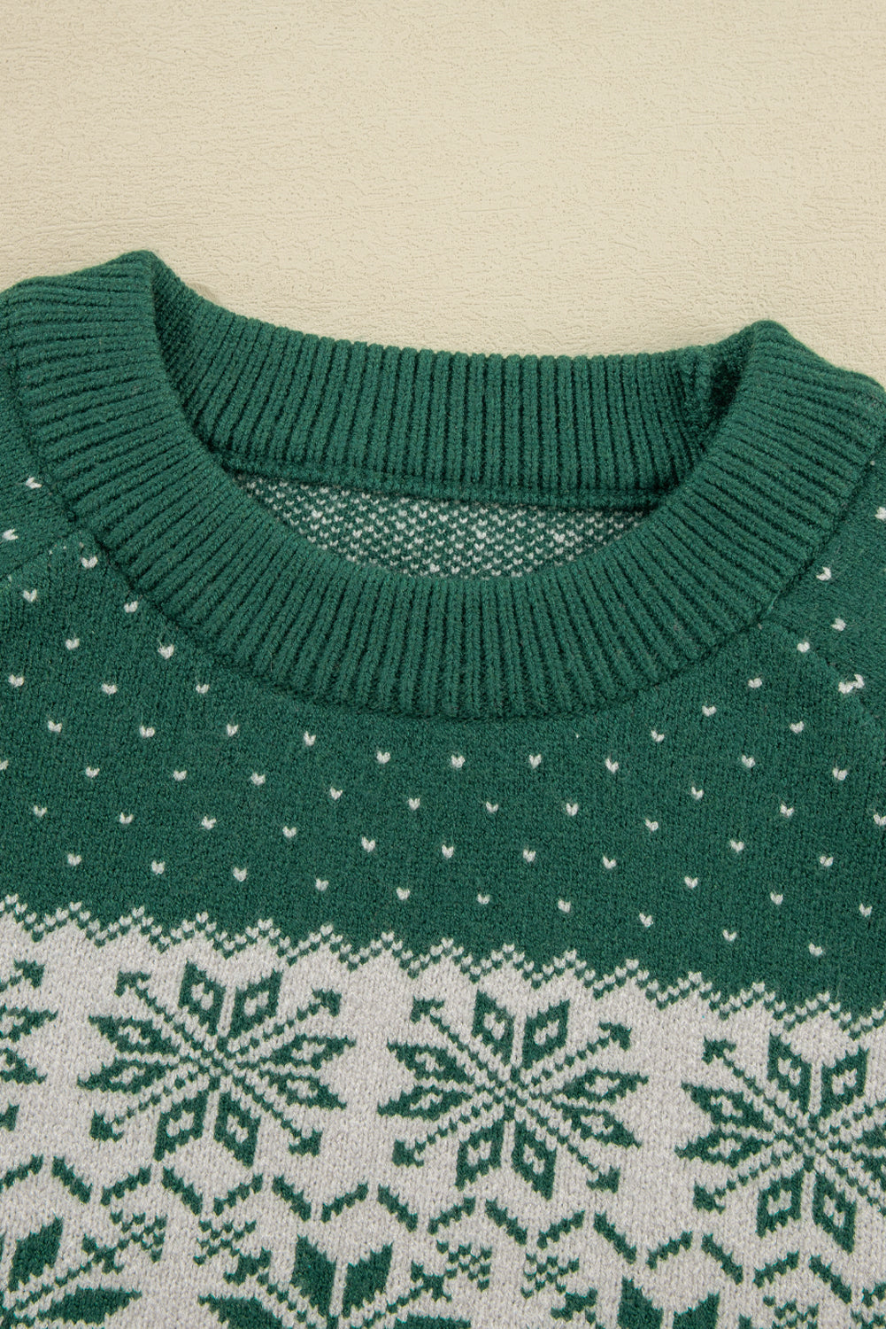 Green Snowflake Dotted Crew Neck Knit Sweater