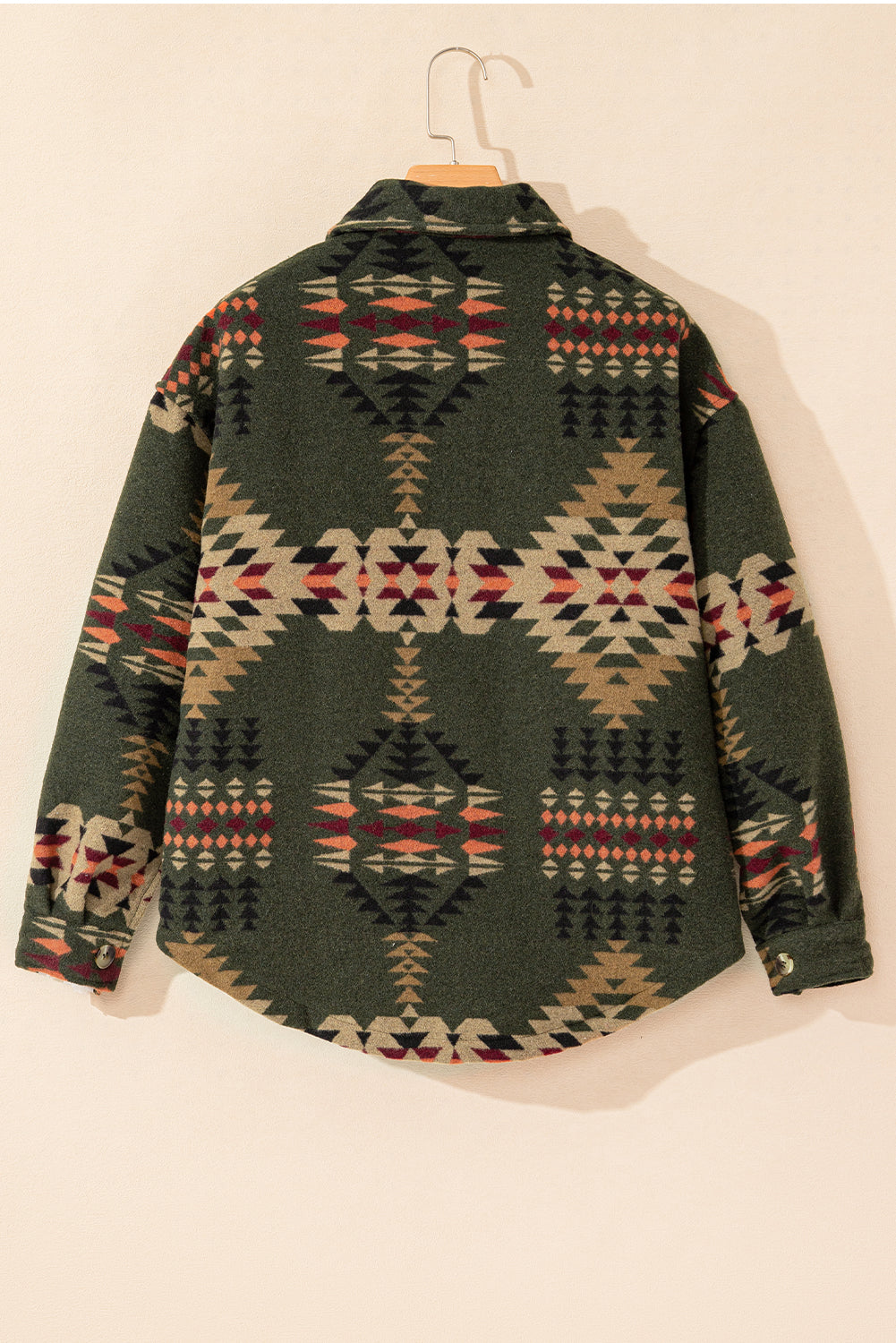 Green Aztec Print Chest Pockets Long Sleeve Shacket