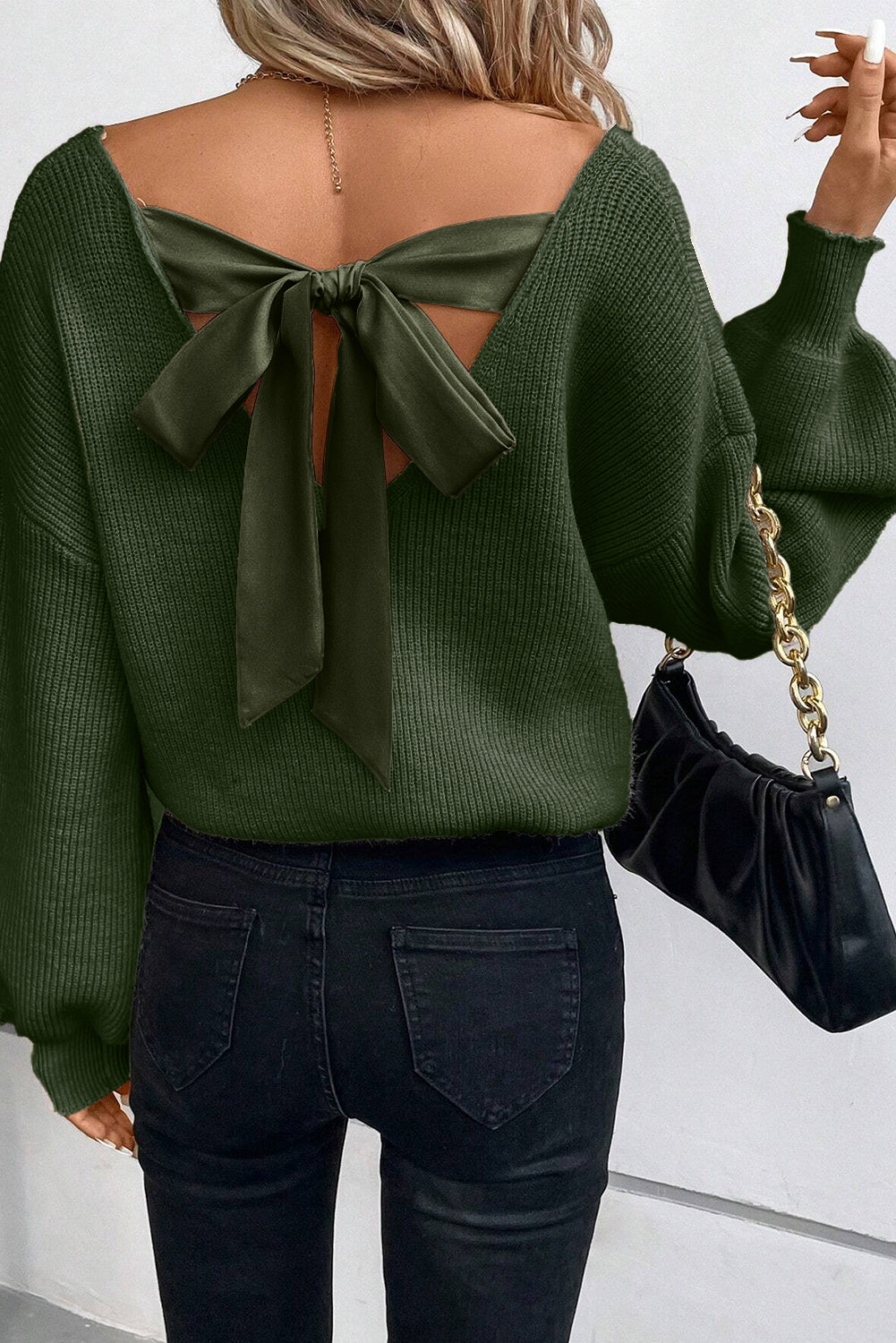 Pine Green Lantern Sleeve V-Neck Tied Open Back Knit Sweater