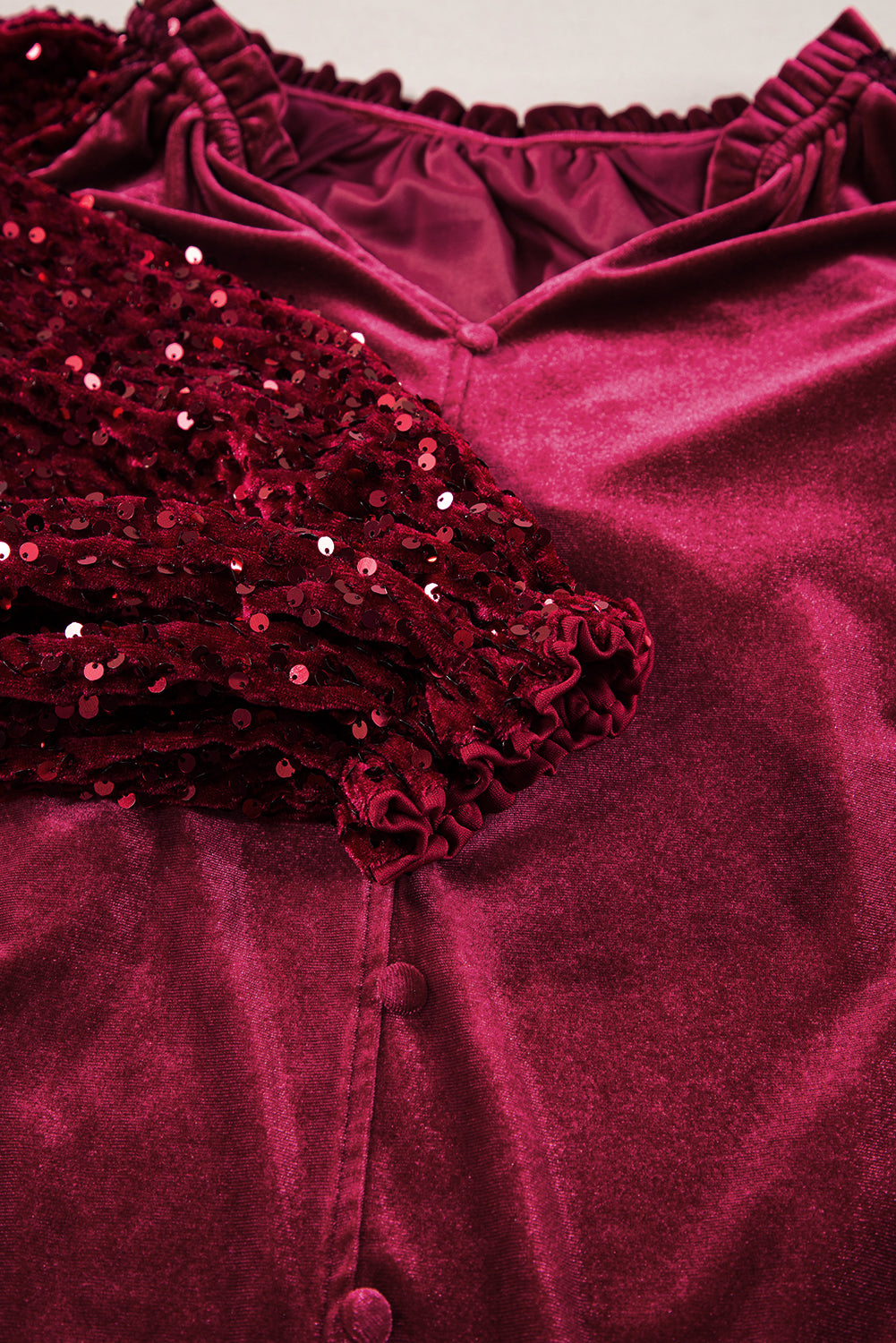 Burgundy Sequin Sleeve Button Up Velvet Top