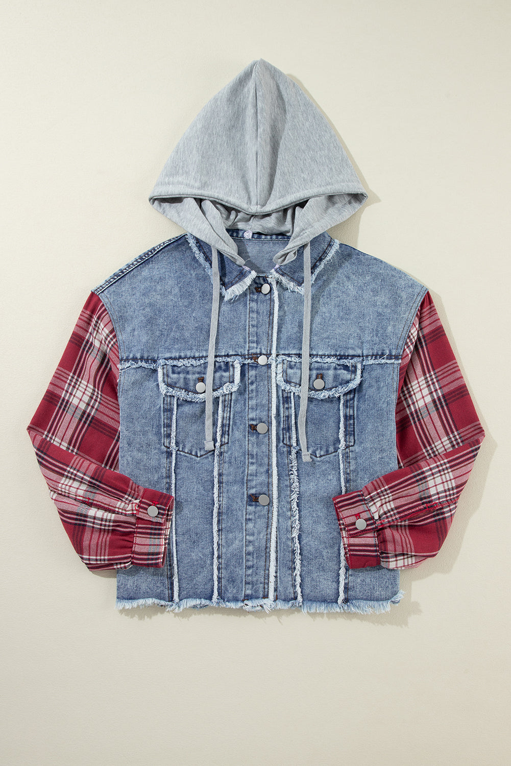 Raw Hem Denim Hooded Button Up Jacket with Red Plaid Sleeves